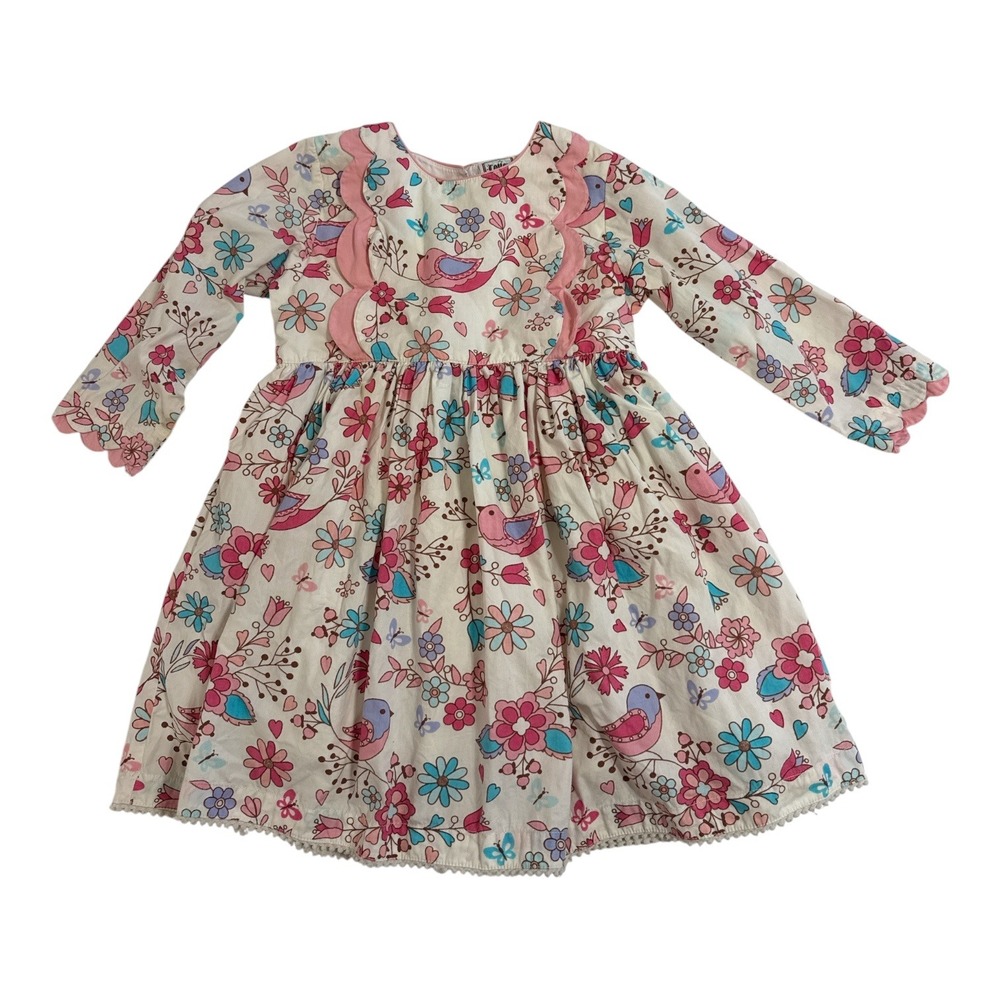 Cotton Kids Girls 4T Floral Bird Print Ruffle Long Sleeve Dress Pink Blue White